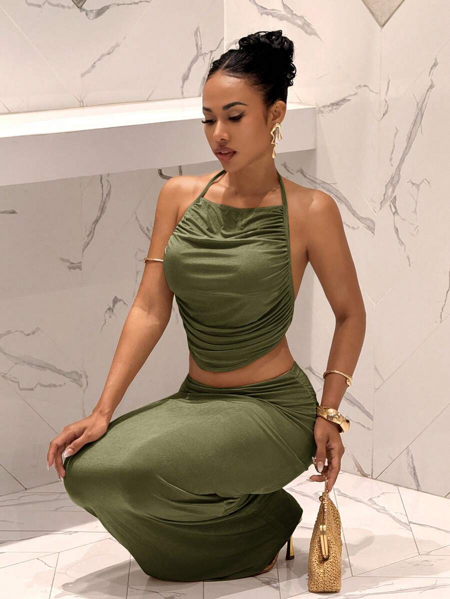 Ženski Set  - Halter Dekolte Ruffles Top & Maxi Suknja