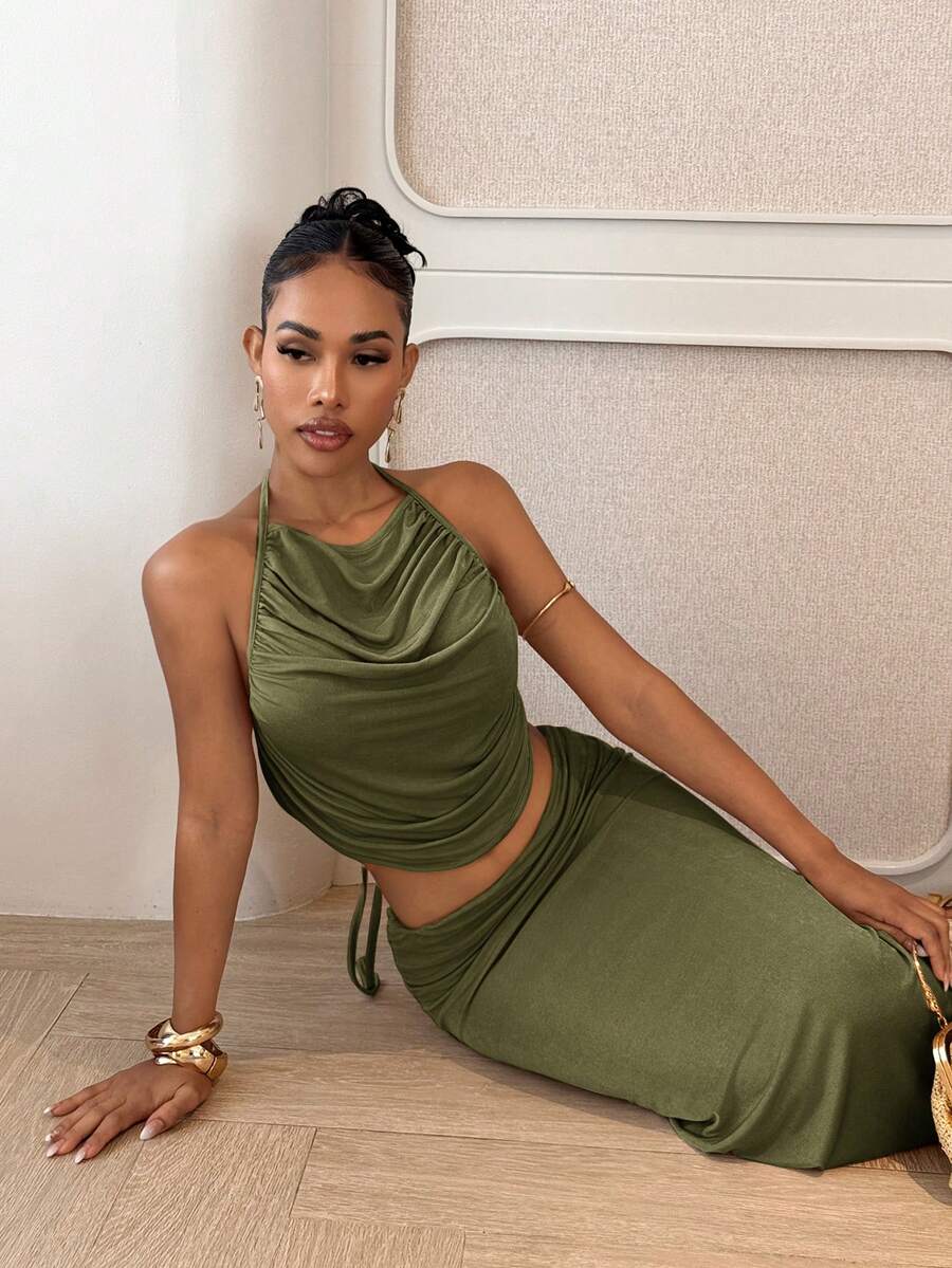 Ženski Set  - Halter Dekolte Ruffles Top & Maxi Suknja