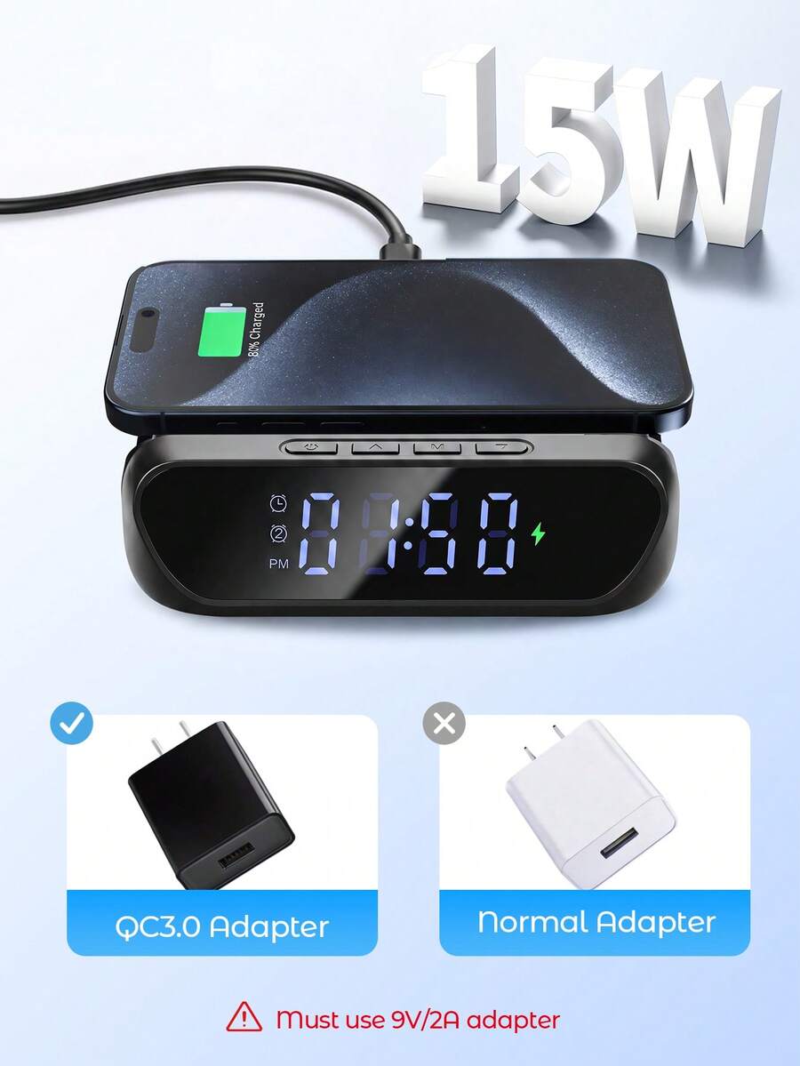Digitalni sat i alarm za radni sto sa bežičnim punjačem za telefon od 15W - 2-u-1 uređaj za radni sto