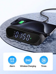 Digitalni sat i alarm za radni sto sa bežičnim punjačem za telefon od 15W - 2-u-1 uređaj za radni sto