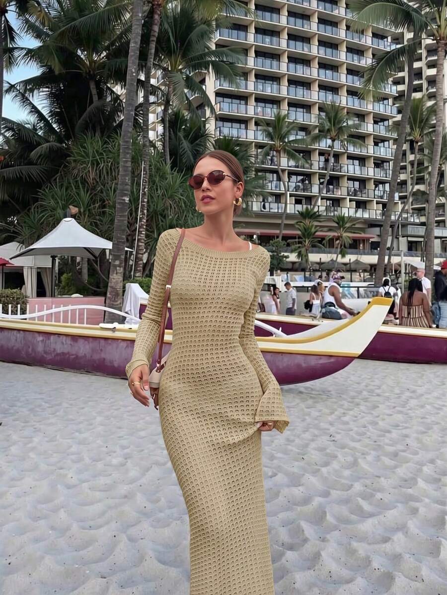 Ženska jednobojna duga pletena haljina, seksi bez leđa dizajn za odmor na plaži