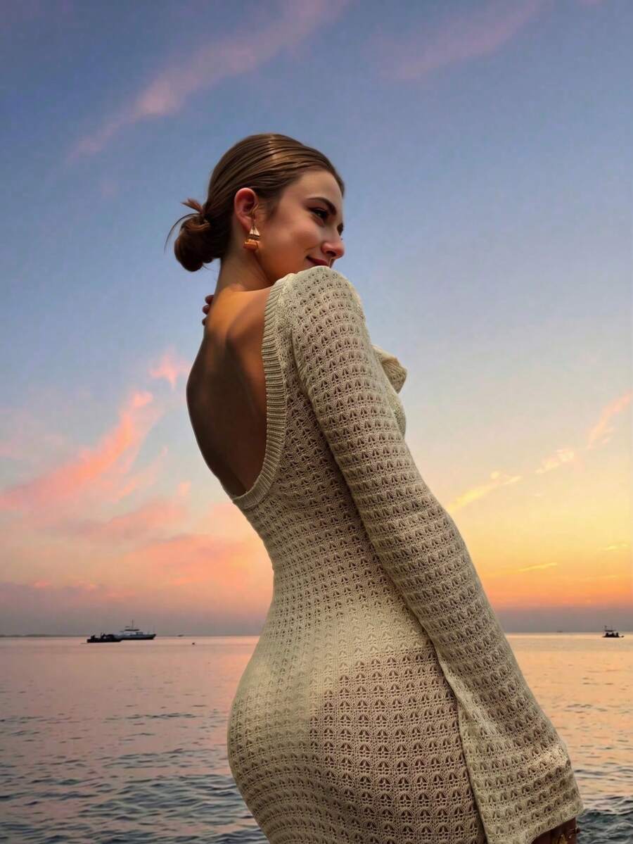 Ženska jednobojna duga pletena haljina, seksi bez leđa dizajn za odmor na plaži