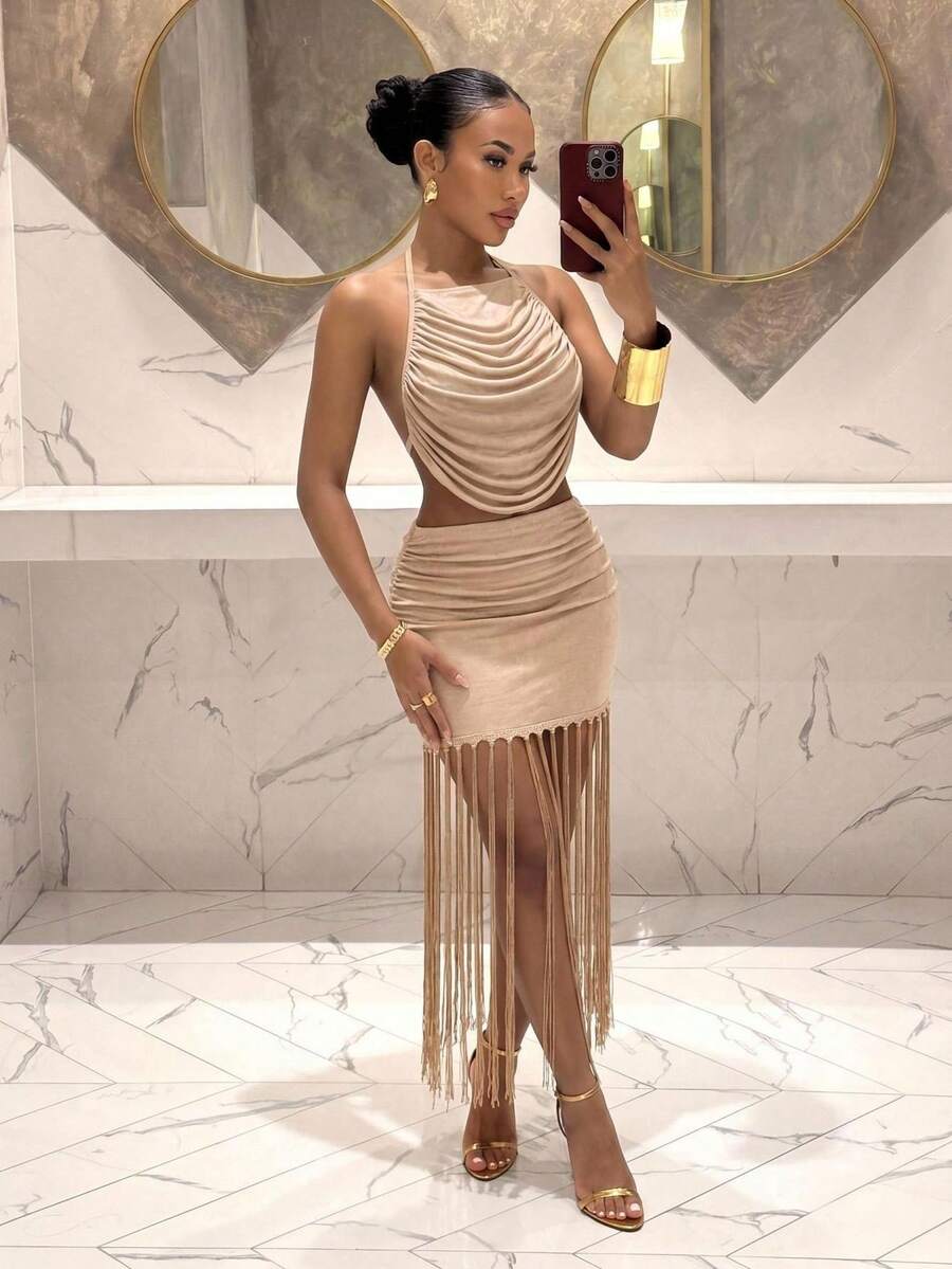 Ženski Set  - Halter Dekolte Ruffles Top & Maxi Suknja