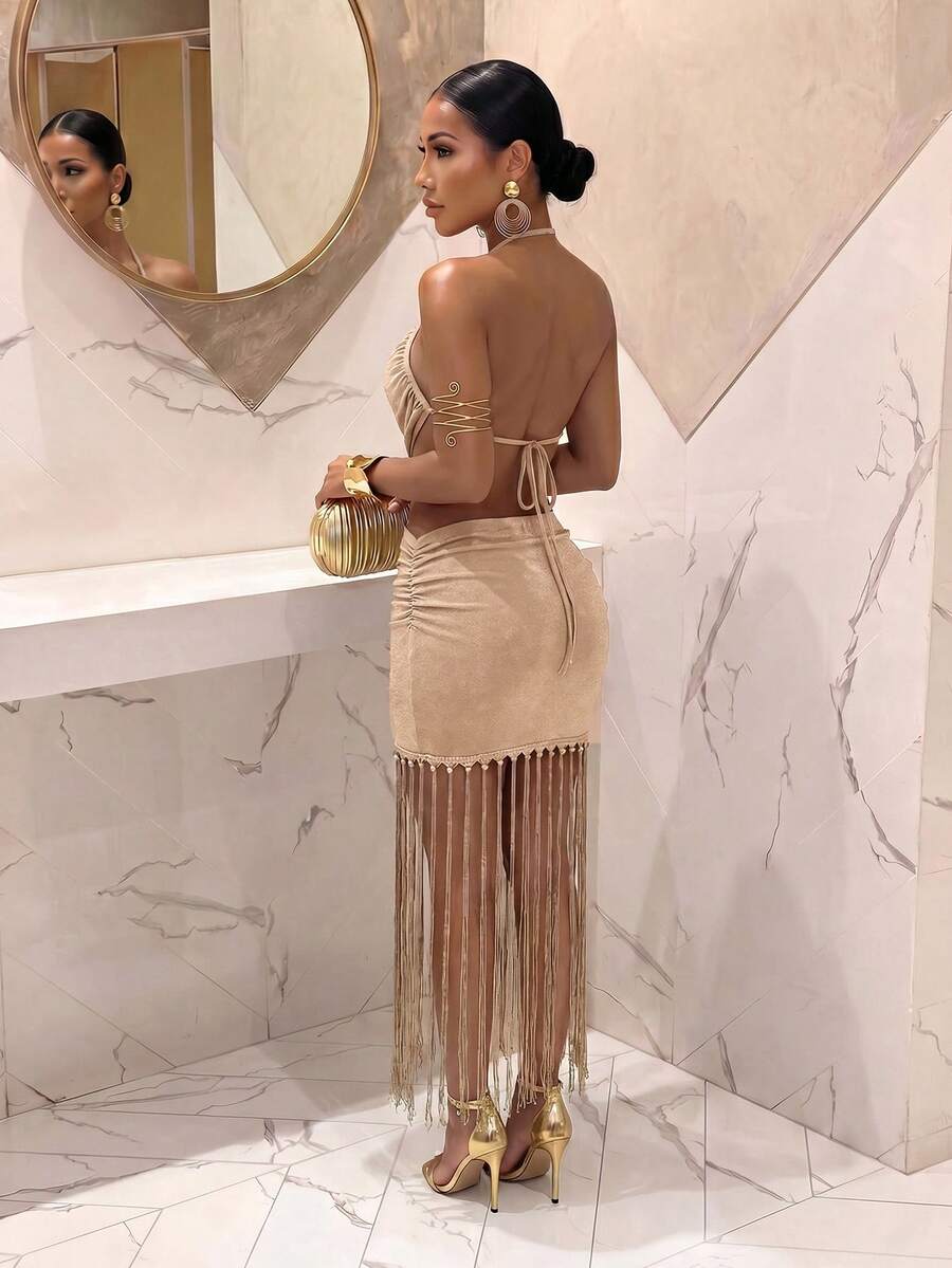 Ženski Set  - Halter Dekolte Ruffles Top & Maxi Suknja