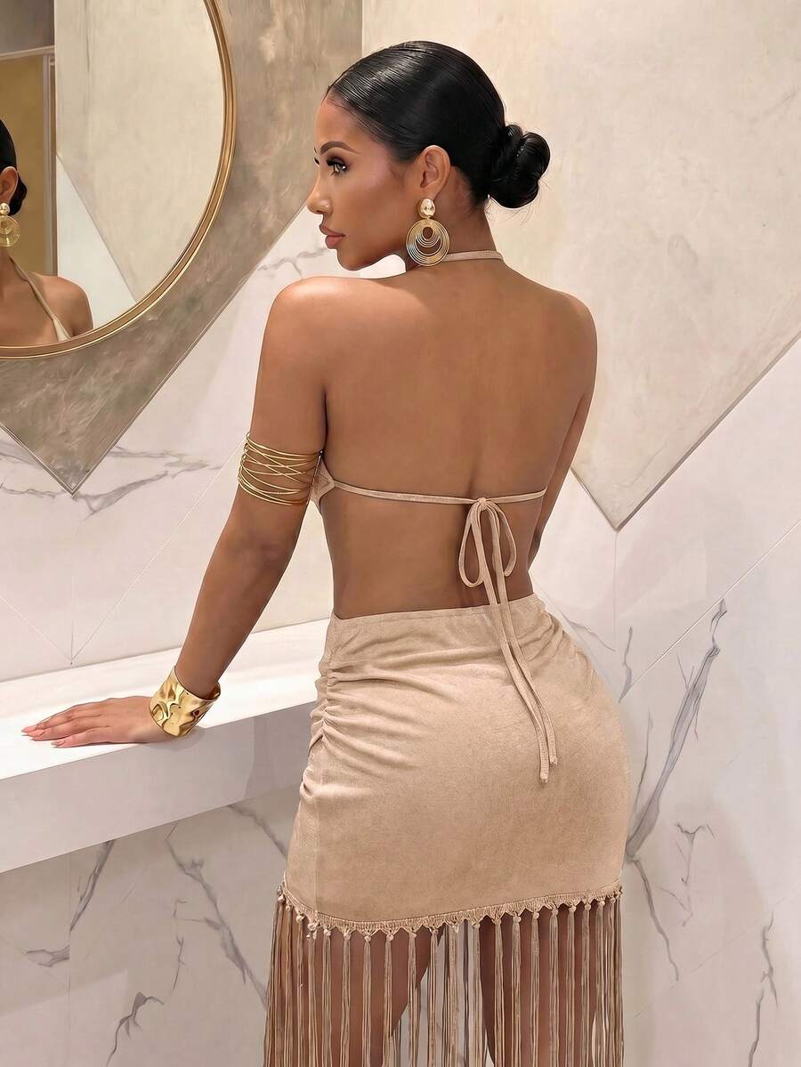 Ženski Set  - Halter Dekolte Ruffles Top & Maxi Suknja
