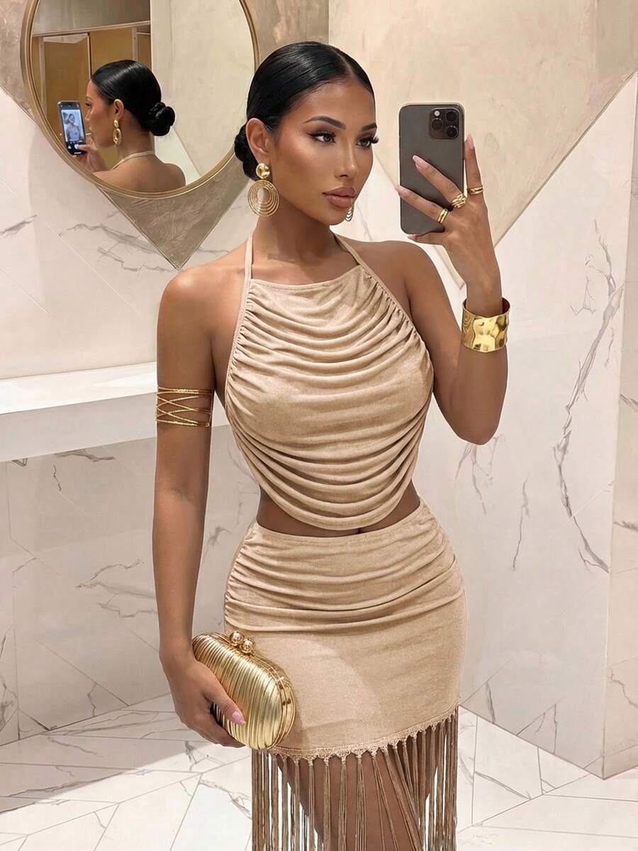 Ženski Set  - Halter Dekolte Ruffles Top & Maxi Suknja