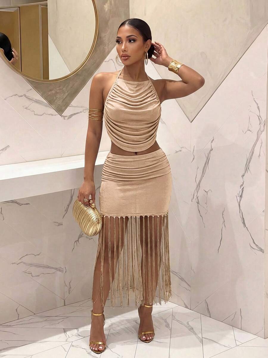 Ženski Set  - Halter Dekolte Ruffles Top & Maxi Suknja