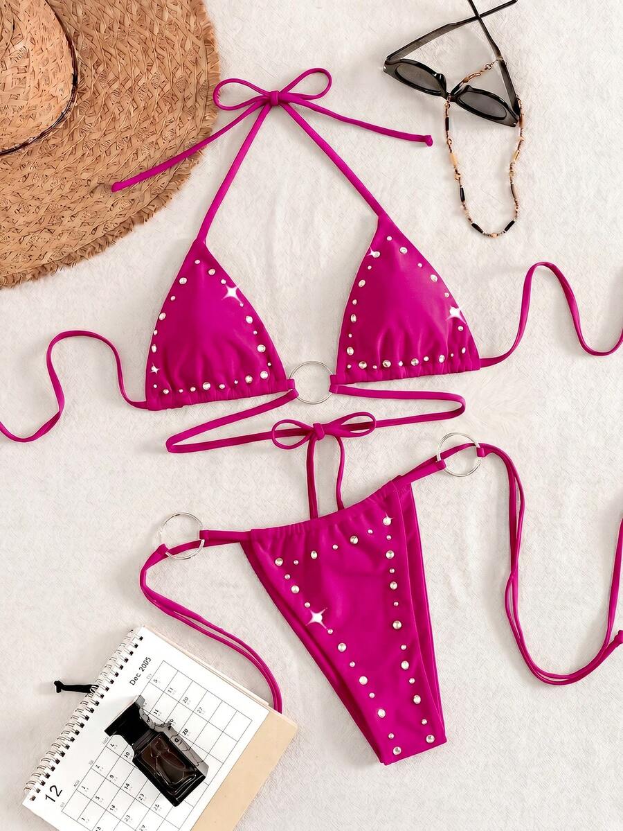 Jednobojni sjajni bikini sa dekoracijom