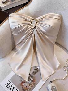 GlowEve Beige Summer Elegant Party Night Champagne Satin Ruched Bandeau Top With Metal Ring