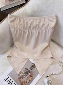 GlowEve Beige Summer Elegant Party Night Champagne Satin Ruched Bandeau Top With Metal Ring