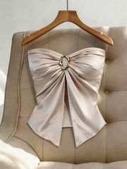 GlowEve Beige Summer Elegant Party Night Champagne Satin Ruched Bandeau Top With Metal Ring