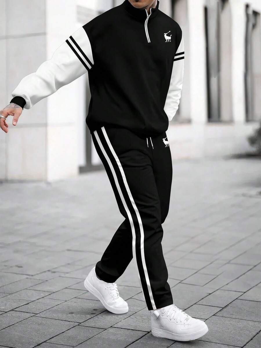 Muški set dukserica i pantalone sa colorblock printom, tanki za proleće/jesen