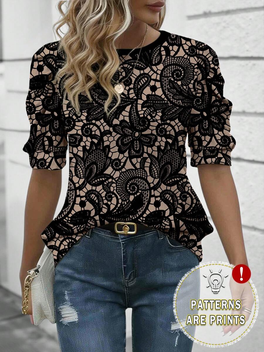 EMERY ROSE Women's Lace Floral Design Blouse, Round Neck Comfortable Petal Sleeve T-Shirt, Suitable For Daily Spring/Summer Wear