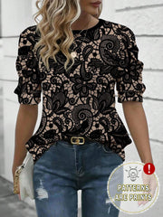 EMERY ROSE Women's Lace Floral Design Blouse, Round Neck Comfortable Petal Sleeve T-Shirt, Suitable For Daily Spring/Summer Wear