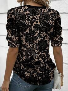 EMERY ROSE Women's Lace Floral Design Blouse, Round Neck Comfortable Petal Sleeve T-Shirt, Suitable For Daily Spring/Summer Wear