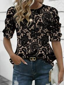 EMERY ROSE Women's Lace Floral Design Blouse, Round Neck Comfortable Petal Sleeve T-Shirt, Suitable For Daily Spring/Summer Wear