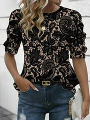 EMERY ROSE Women's Lace Floral Design Blouse, Round Neck Comfortable Petal Sleeve T-Shirt, Suitable For Daily Spring/Summer Wear
