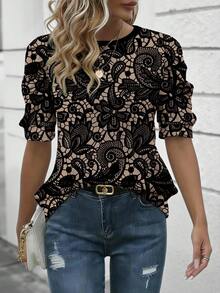 EMERY ROSE Women's Lace Floral Design Blouse, Round Neck Comfortable Petal Sleeve T-Shirt, Suitable For Daily Spring/Summer Wear