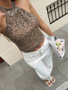 Lucivie Women's Elegant Coffee Brown Sequin Sparkly Halter Neck Top,Seksi Chic Backless Ruched Sleeveless Cami Blouse For Summer,Club Night,Party & Wedding
