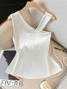 Franclia Women's Solid Color Asymmetric Sleeveless Ruched Decorative Button T-Shirt