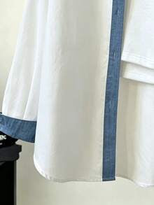 Women's Casual White & Blue Denim Patchwork Long Sleeve Button-Down Shirt, Embroidered Design, Button Front, Women's Shirt, Fun Shirt