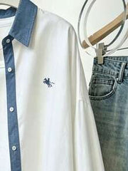 Women's Casual White & Blue Denim Patchwork Long Sleeve Button-Down Shirt, Embroidered Design, Button Front, Women's Shirt, Fun Shirt