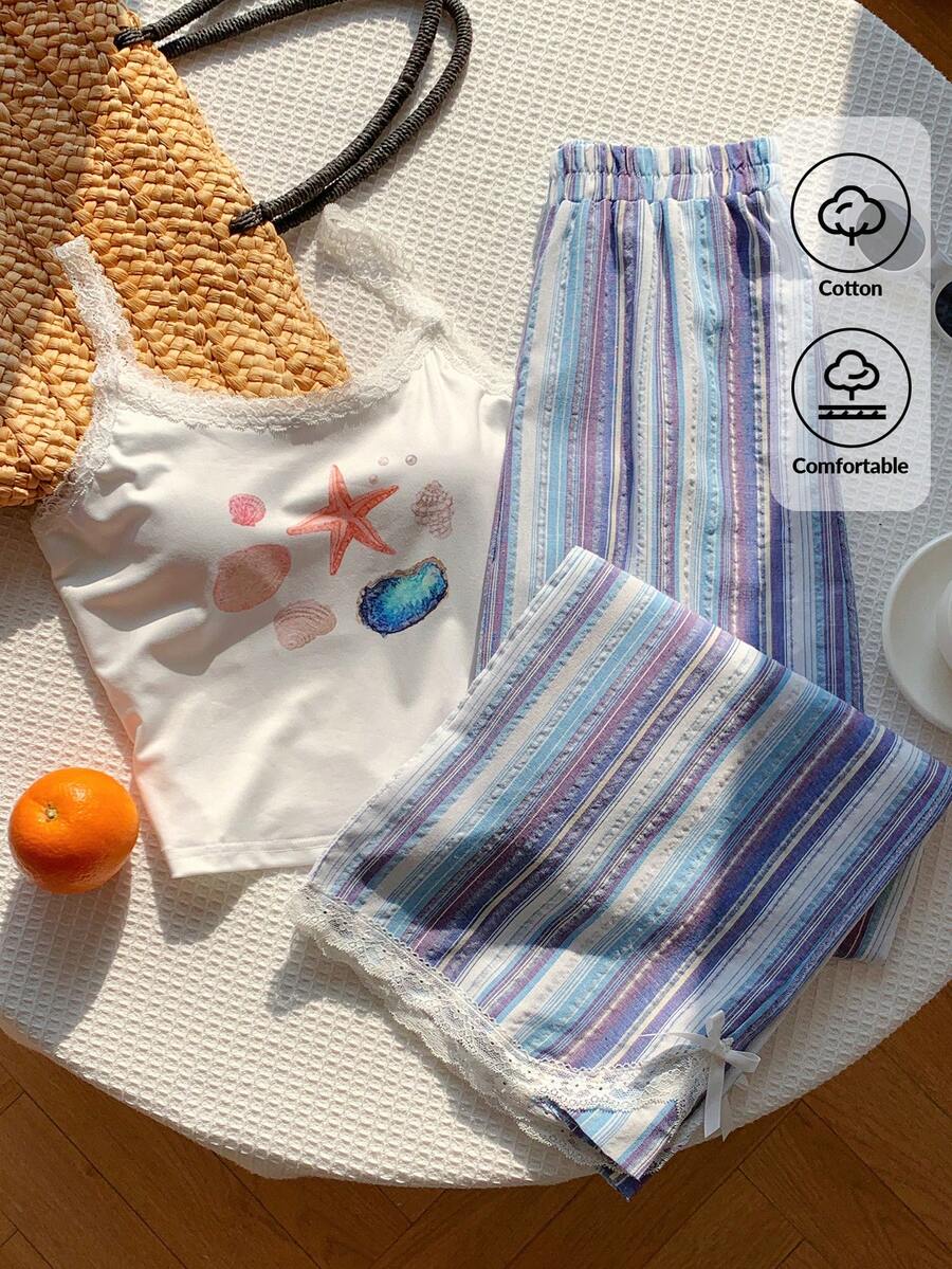 Ženski komplet  Majica sa Čipkastim Rubom i Prugaste Pantalone