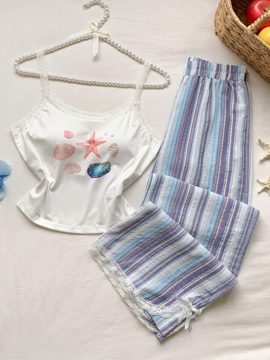 Ženski komplet  Majica sa Čipkastim Rubom i Prugaste Pantalone