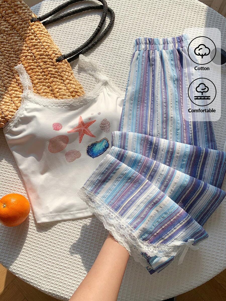 Ženski komplet  Majica sa Čipkastim Rubom i Prugaste Pantalone