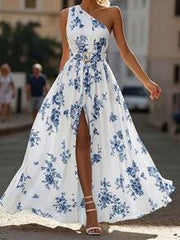 SHEIN Franclia White And Blue Floral,Summer,Elegant,Holiday,Tea Party,Holiday Women's Asymmetrical Shoulder Slit Maxi Dress For Beach Vacation,Daily Travel & Date