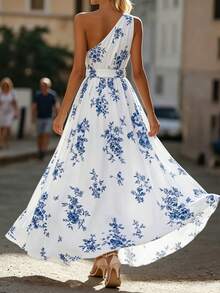SHEIN Franclia White And Blue Floral,Summer,Elegant,Holiday,Tea Party,Holiday Women's Asymmetrical Shoulder Slit Maxi Dress For Beach Vacation,Daily Travel & Date
