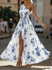 SHEIN Franclia White And Blue Floral,Summer,Elegant,Holiday,Tea Party,Holiday Women's Asymmetrical Shoulder Slit Maxi Dress For Beach Vacation,Daily Travel & Date