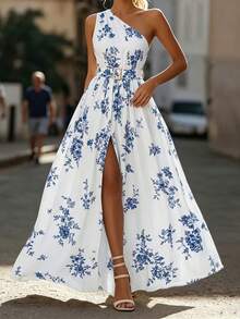 SHEIN Franclia White And Blue Floral,Summer,Elegant,Holiday,Tea Party,Holiday Women's Asymmetrical Shoulder Slit Maxi Dress For Beach Vacation,Daily Travel & Date