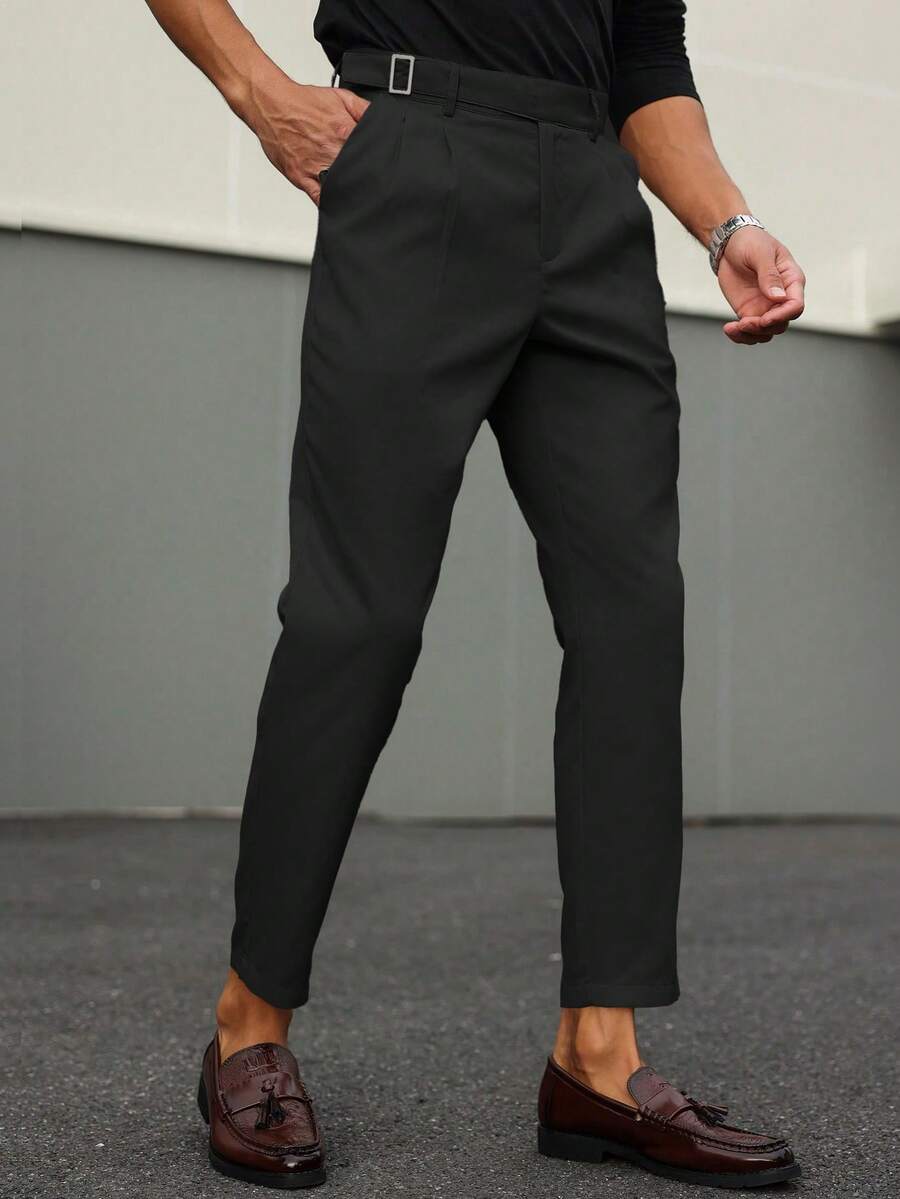 Muške svečane pantalone od odela jednobojne sa dizajnom kopče na struku, džepovima i suženim nogavicama