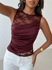 Aloruh Women's Elegant Round Neck Sleeveless Lace Patchwork T-Shirt,Summer Top