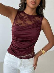 Aloruh Women's Elegant Round Neck Sleeveless Lace Patchwork T-Shirt,Summer Top