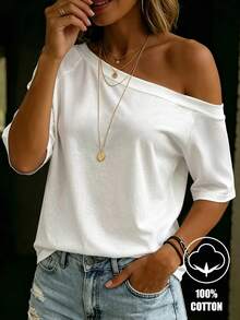Balvessa White Asymmetrical Shoulder Casual Versatile Women Short Sleeve T-Shirt