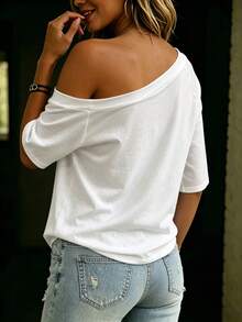 Balvessa White Asymmetrical Shoulder Casual Versatile Women Short Sleeve T-Shirt