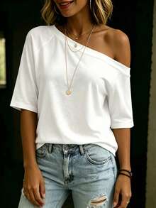 Balvessa White Asymmetrical Shoulder Casual Versatile Women Short Sleeve T-Shirt