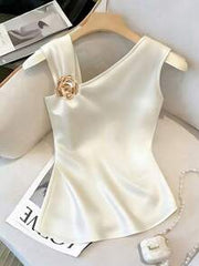 Franclia Women's Solid Color Asymmetric Sleeveless Ruched Decorative Button T-Shirt