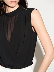 Lumivelle Women's Elegant Summer Black Chiffon Sleeveless Blouse,High Collar Metal Buckle Decor Criss-Cross Office Top,Suitable For Beach Vacation & Daily Wear