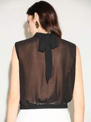 Lumivelle Women's Elegant Summer Black Chiffon Sleeveless Blouse,High Collar Metal Buckle Decor Criss-Cross Office Top,Suitable For Beach Vacation & Daily Wear