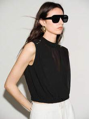 Lumivelle Women's Elegant Summer Black Chiffon Sleeveless Blouse,High Collar Metal Buckle Decor Criss-Cross Office Top,Suitable For Beach Vacation & Daily Wear