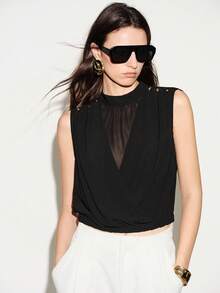 Lumivelle Women's Elegant Summer Black Chiffon Sleeveless Blouse,High Collar Metal Buckle Decor Criss-Cross Office Top,Suitable For Beach Vacation & Daily Wear