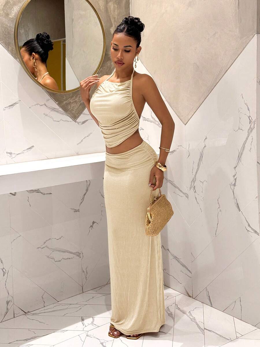 Ženski Set  - Halter Dekolte Ruffles Top & Maxi Suknja