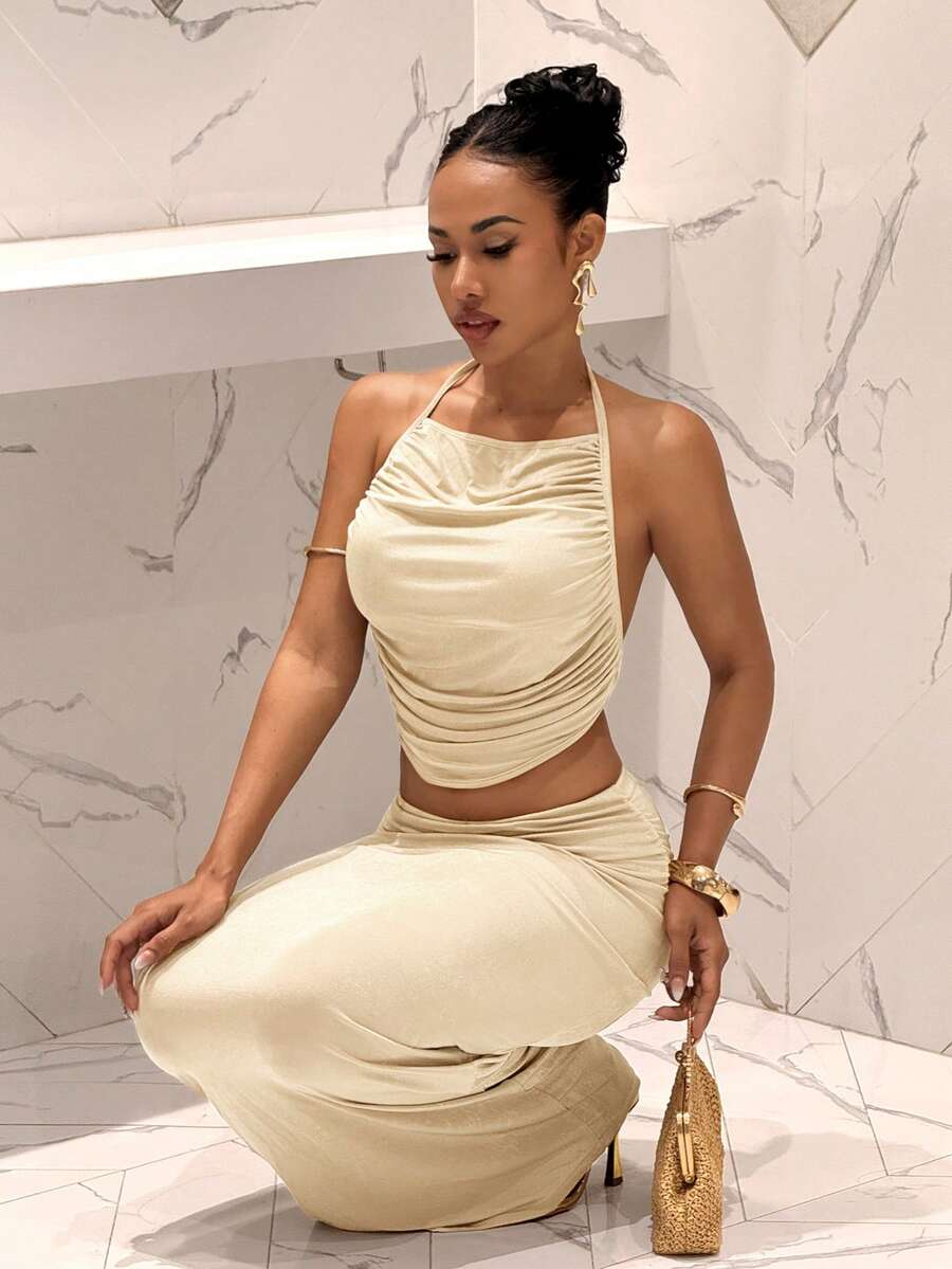 Ženski Set  - Halter Dekolte Ruffles Top & Maxi Suknja