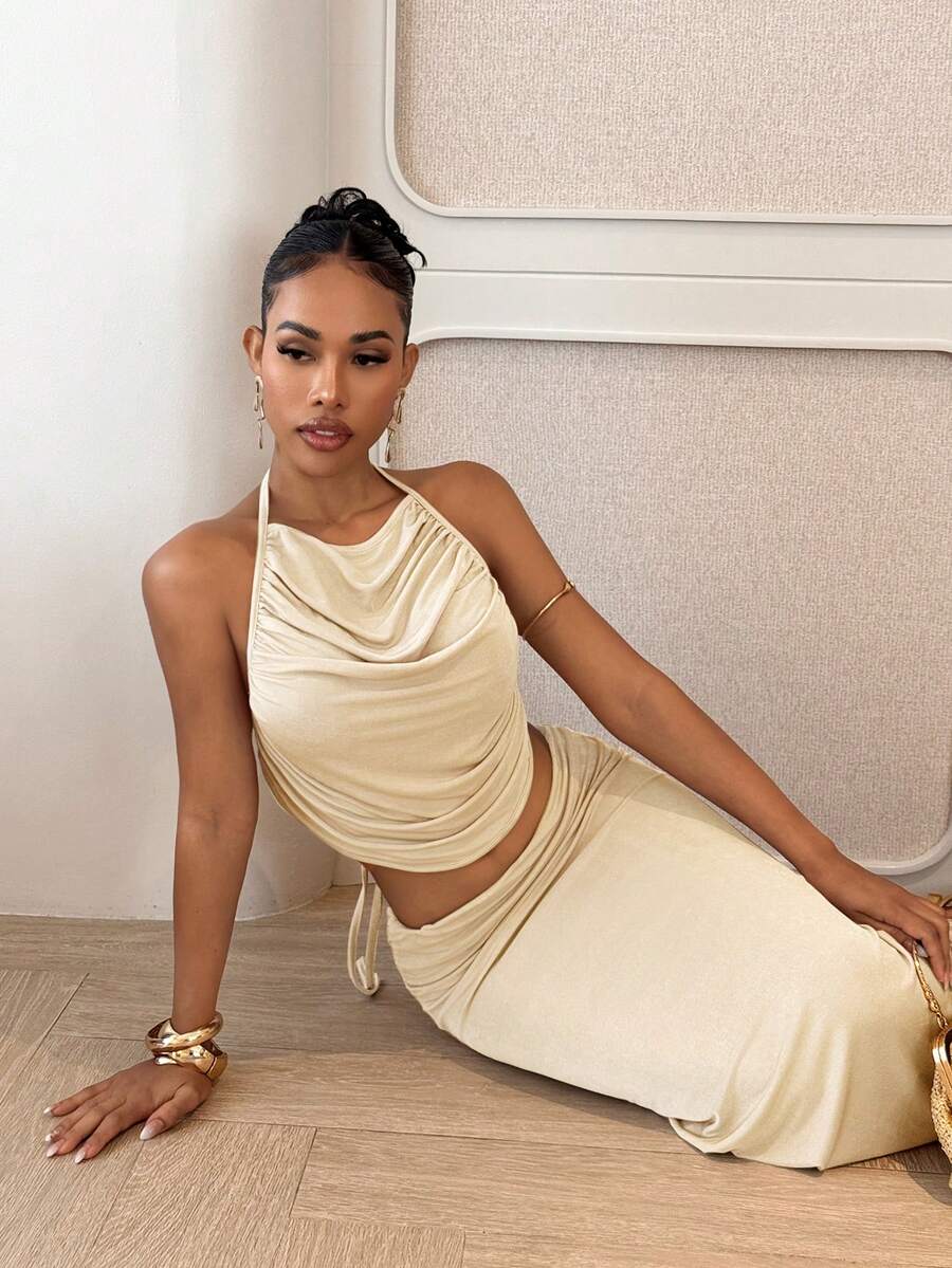 Ženski Set  - Halter Dekolte Ruffles Top & Maxi Suknja