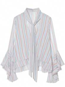 Women's Striped Chiffon Blouse, Elegant V-Neck Ruffle Sleeve Design, Flowing Shirt With Necktie