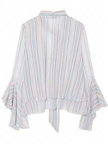 Women's Striped Chiffon Blouse, Elegant V-Neck Ruffle Sleeve Design, Flowing Shirt With Necktie