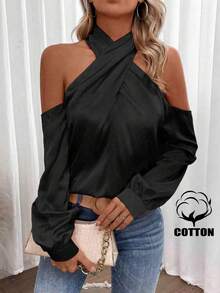 SHEIN Elegant Commuter Solid Color Cold Shoulder Halter Blouse